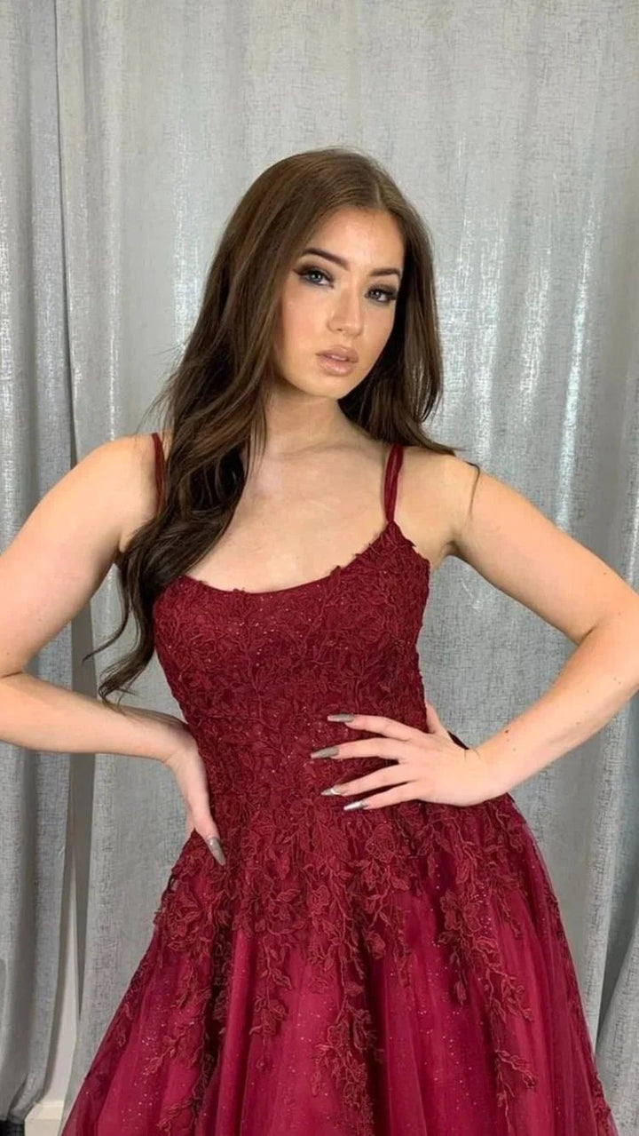 Burgundy tulle lace long prom dress A line evening dress Y1546 by simplepromdress