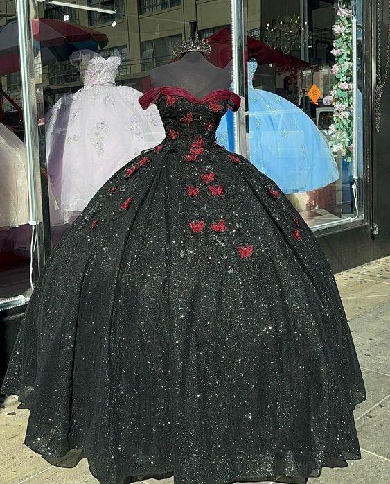 Glitter Black With Burgundy Butterflies Quinceanera Dress Sweet 16 Dress Ball Gown Y1415 by simplepromdress