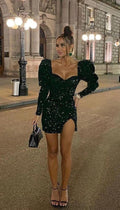 Glitter Sequin Black Short Homecoming Dresses Puffy Long Sleeves Sweetheart Fashioned Cocktail Dress Y1515 by simplepromdress