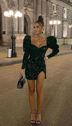 Glitter Sequin Black Short Homecoming Dresses Puffy Long Sleeves Sweetheart Fashioned Cocktail Dress Y1515 by simplepromdress