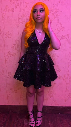 Black Sequins Deep V Neck Homecoming Dresses Tiered Hocoming Dress Y1394