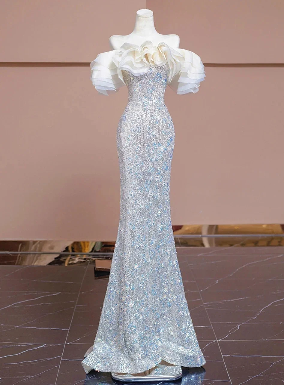 Luxury Silver Mermaid Sequins Beading Prom Dress Formal Evening Dress Y7614 by simplepromdress