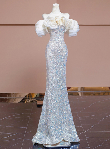 Vestido de fiesta de lujo con lentejuelas y cuentas de sirena plateada, vestido formal de noche Y7614