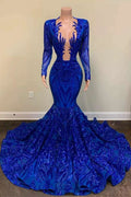 Royal Blue Long Sleeve Mermaid Prom Dress with Appliques and Beads by BIZTUNNEL