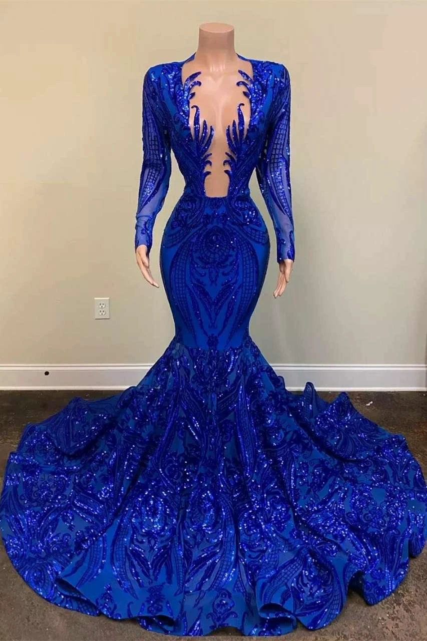 Royal Blue Long Sleeve Mermaid Prom Dress with Appliques and Beads by BIZTUNNEL