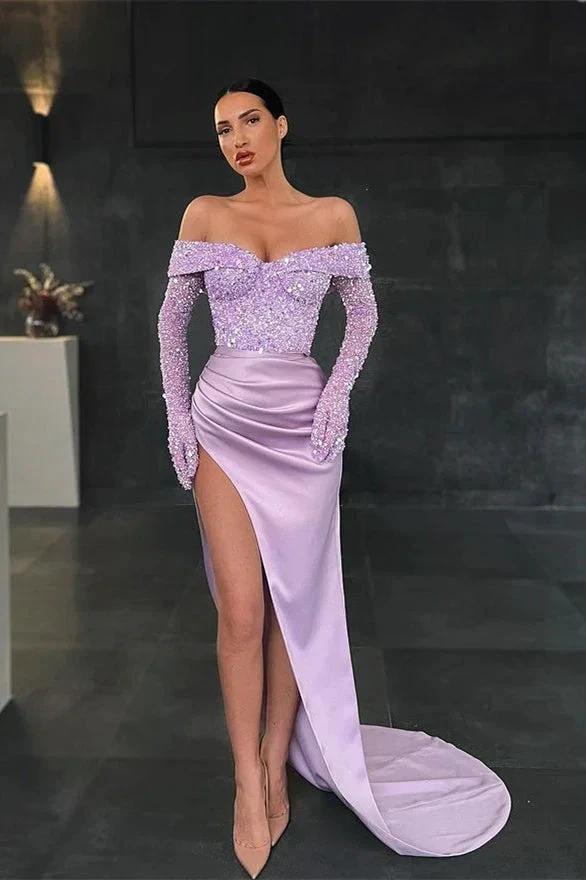 Long Sleeves Mermaid Off the shoulder Satin Sequins Prom Dress With Slit by BIZTUNNEL