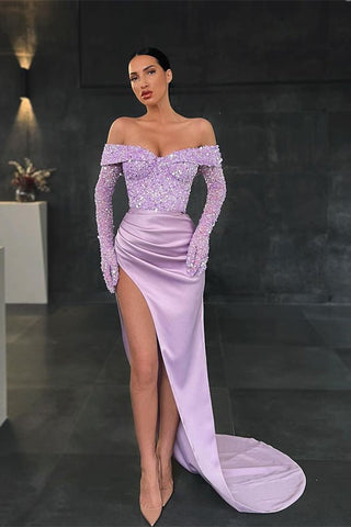 Vestido de fiesta de sirena con mangas largas y hombros descubiertos, lentejuelas y satén con abertura