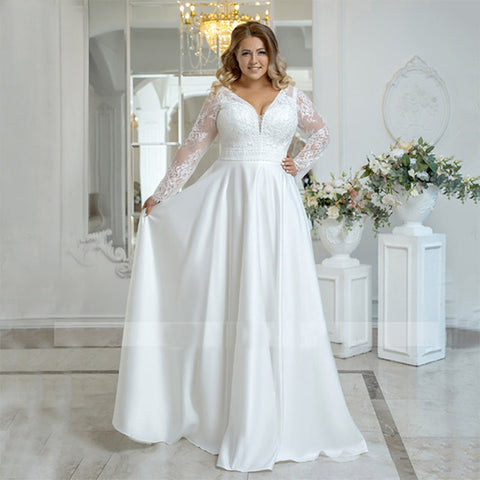 Strand Plus Size Brautkleid Frau Satin Bohemian Spitze Langarm V-Ausschnitt A-Linie Bodenlang Brautkleid Weiß 