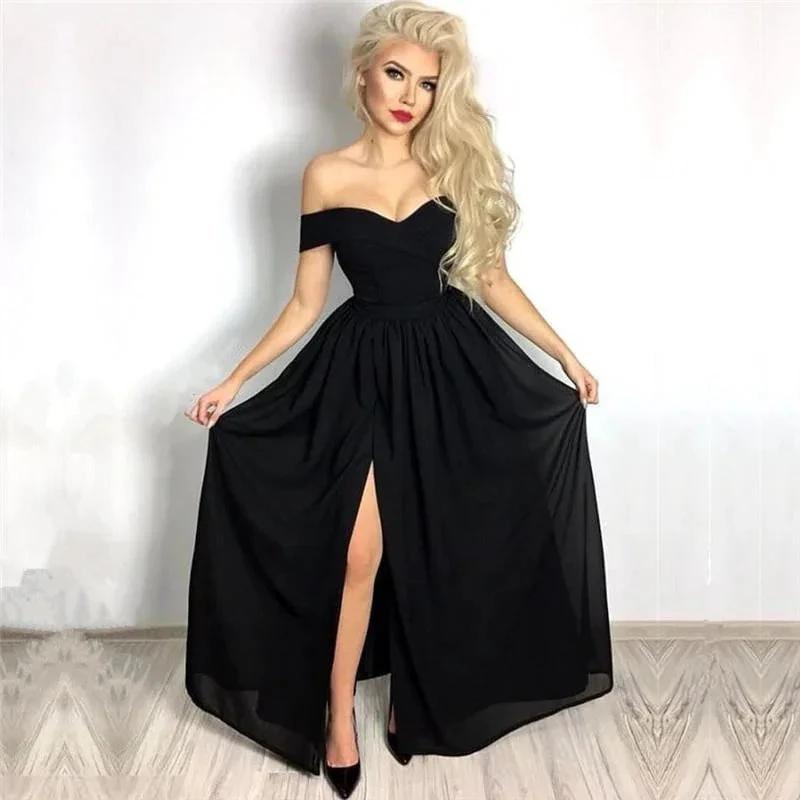 Split Front Sleek Midnight Black Off-the-Shoulder Prom Dress with Ruffle by BIZTUNNEL
