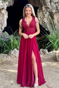V Neck Split Front Chiffon Long Evening Dress with Elegant Appliques Lace by BIZTUNNEL