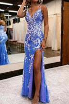 Ainhoa | Glitter Blue Mermaid Lace Long Prom Dress with Slit by KissProm