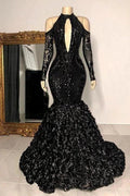 Dignified Black Halter Long Sleeve Transparent lace Beading Floor-length Mermaid Prom Dresses by misshow.com