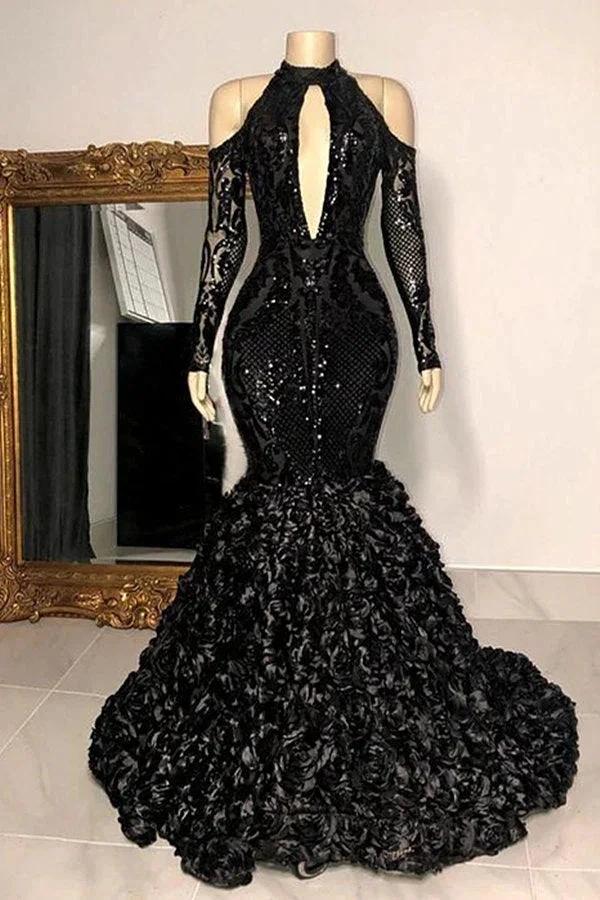 Dignified Black Halter Long Sleeve Transparent lace Beading Floor-length Mermaid Prom Dresses by misshow.com