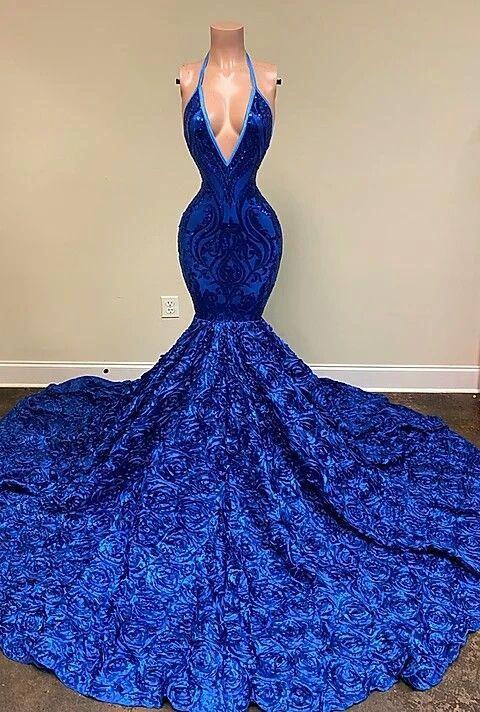 Dignified Blue Halter V-neck Sequins Split Front Sleeveless Floor-length Mermaid Prom Dresses by misshow.com