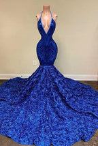 Dignified Blue Halter V-neck Sequins Split Front Sleeveless Floor-length Mermaid Prom Dresses by misshow.com