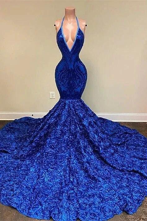 Dignified Blue Halter V-neck Sequins Split Front Sleeveless Floor-length Mermaid Prom Dresses by misshow.com