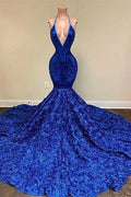 Dignified Blue Halter V-neck Sequins Split Front Sleeveless Floor-length Mermaid Prom Dresses by misshow.com