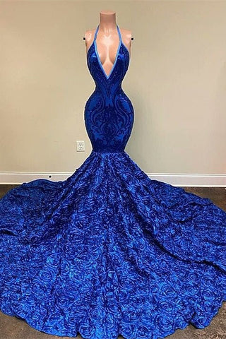Dignified Blue Halter V-neck Sequins Split Front Sleeveless Floor-length Mermaid Prom Dresses