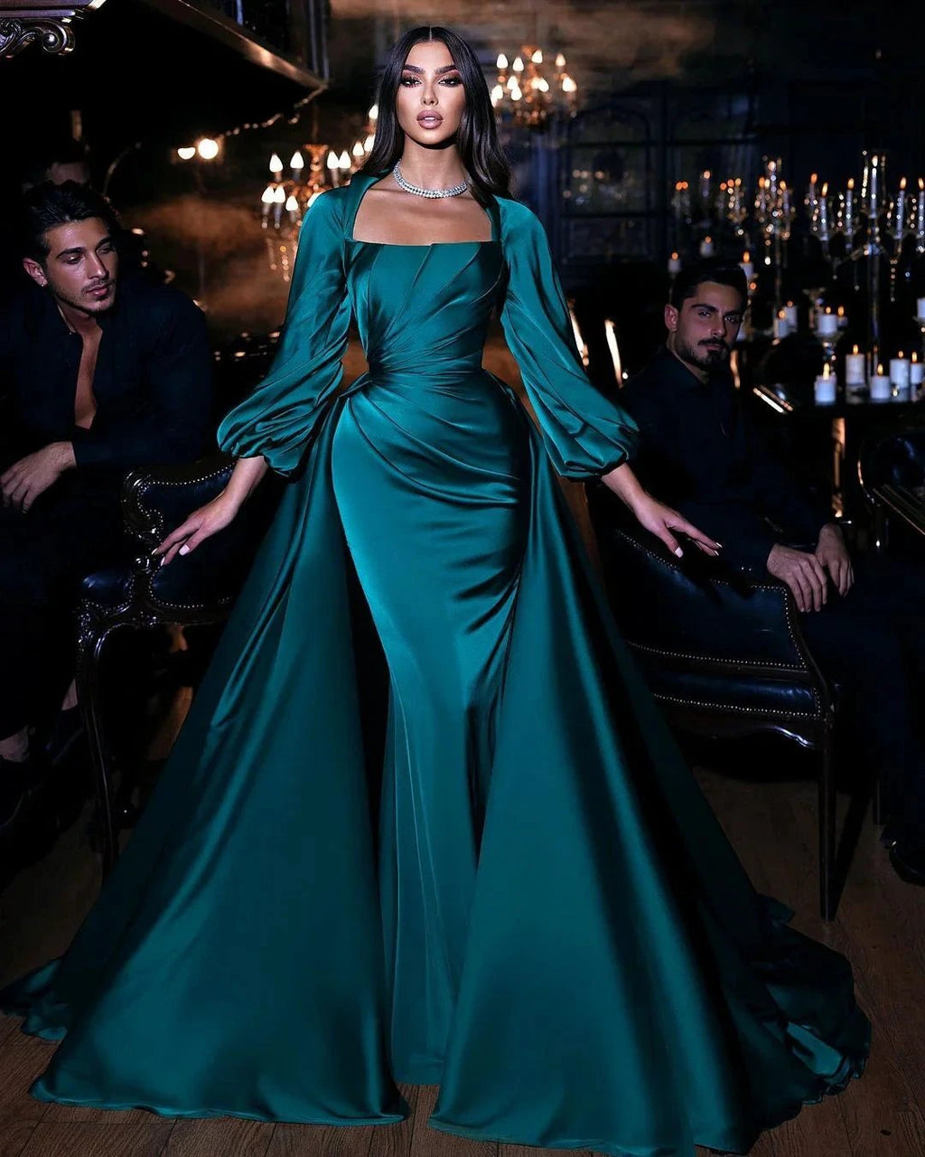 Dignified Green Square Neckline Long Sleeve Column Floor-length Wedding Dresses with Train by misshow.com