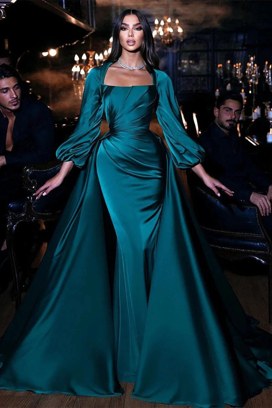 Dignified Green Square Neckline Long Sleeve Column Floor-length Wedding Dresses with Train by misshow.com
