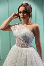 Dignified Transparent Lace One Shoulder Long Ball Gown Wedding Dresses by misshow.com