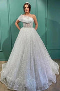Dignified Transparent Lace One Shoulder Long Ball Gown Wedding Dresses by misshow.com