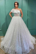 Dignified Transparent Lace One Shoulder Long Ball Gown Wedding Dresses by misshow.com