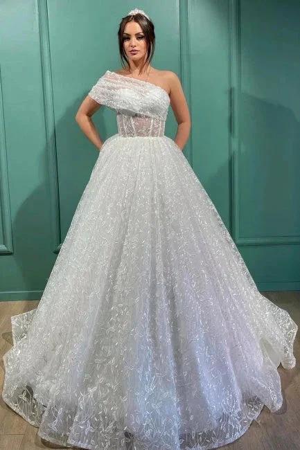 Dignified Transparent Lace One Shoulder Long Ball Gown Wedding Dresses by misshow.com