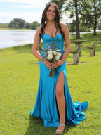 Dinah | Sweetheart Mermaid Peacock Lace and Satin Fitted Formal Dress by KissProm