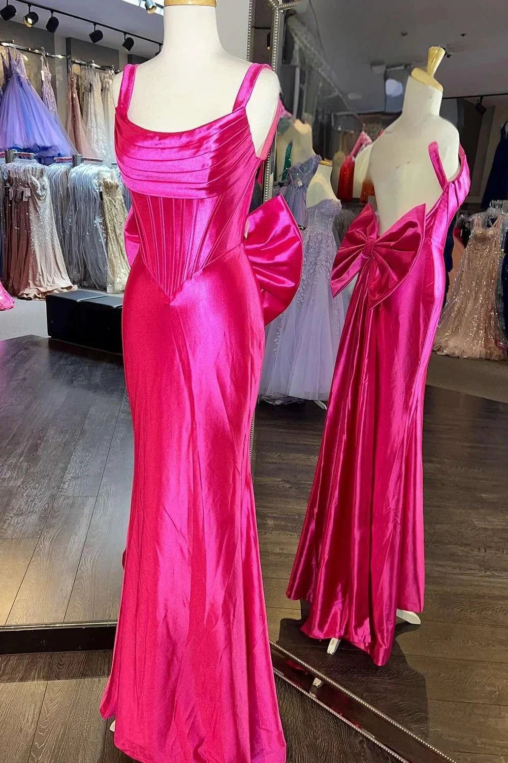 Dolores | Fuchsia Straps Satin Mermaid Formal Gown with Bow by KissProm