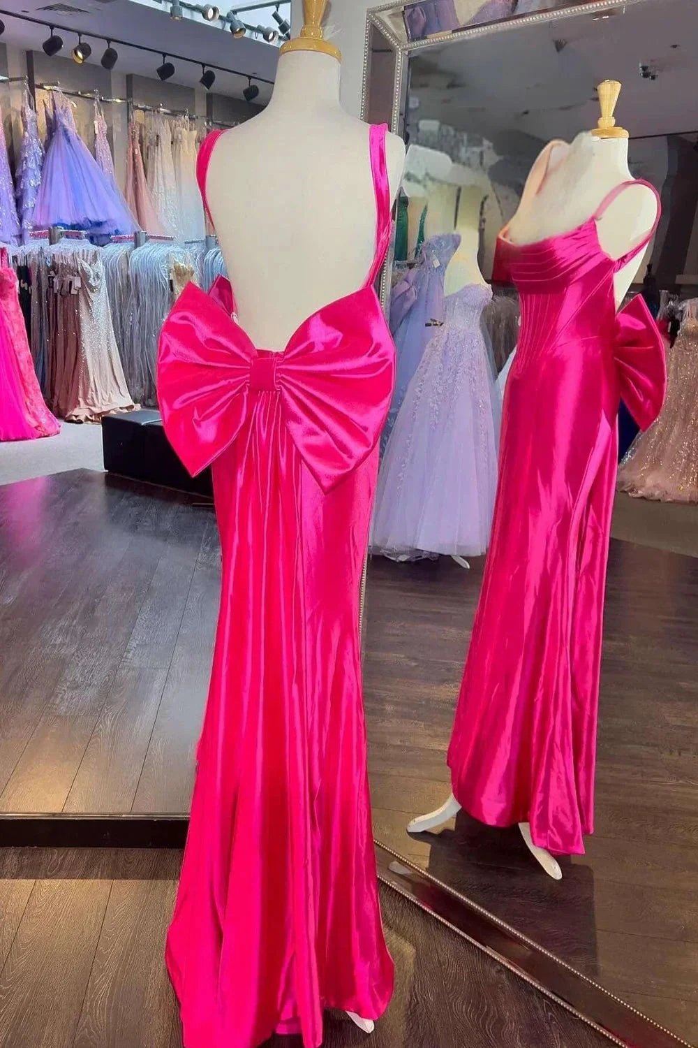 Dolores | Fuchsia Straps Satin Mermaid Formal Gown with Bow by KissProm