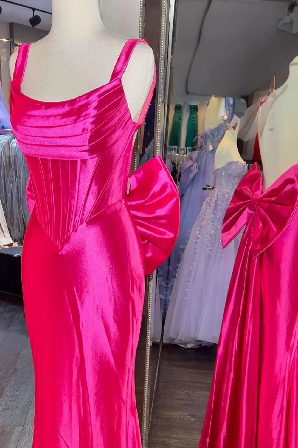 Dolores | Fuchsia Straps Satin Mermaid Formal Gown with Bow by KissProm