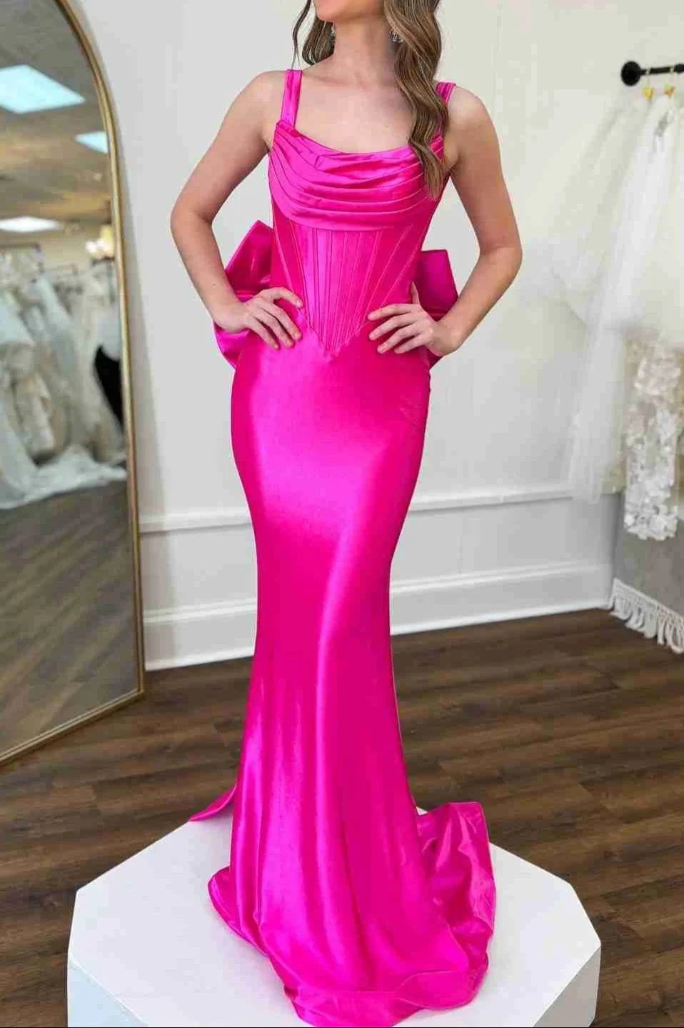 Dolores | Fuchsia Straps Satin Mermaid Formal Gown with Bow by KissProm