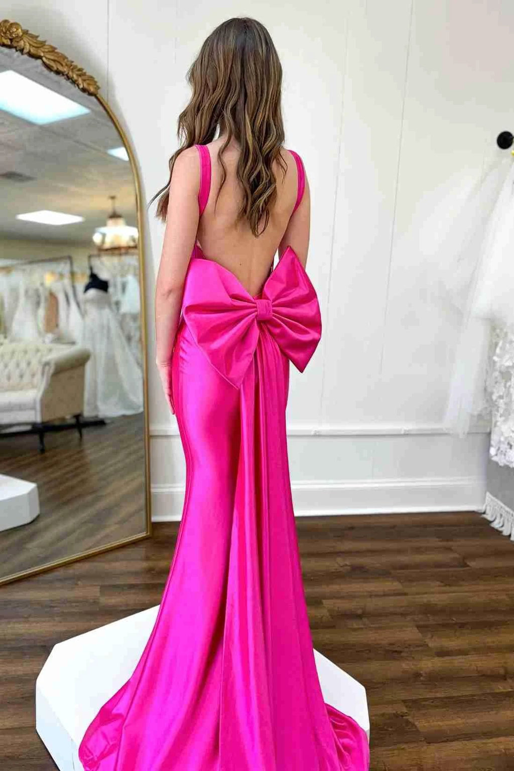 Dolores | Fuchsia Straps Satin Mermaid Formal Gown with Bow by KissProm