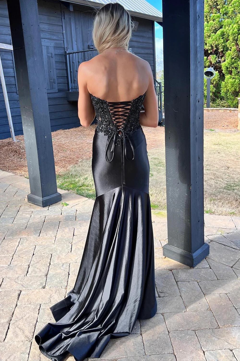 Donya | Mermaid Sweetheart Lace Satin Black Prom Dress with Slit by KissProm