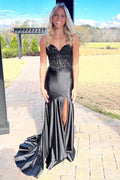 Donya | Mermaid Sweetheart Lace Satin Black Prom Dress with Slit by KissProm