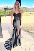 Donya | Mermaid Sweetheart Lace Satin Black Prom Dress with Slit by KissProm