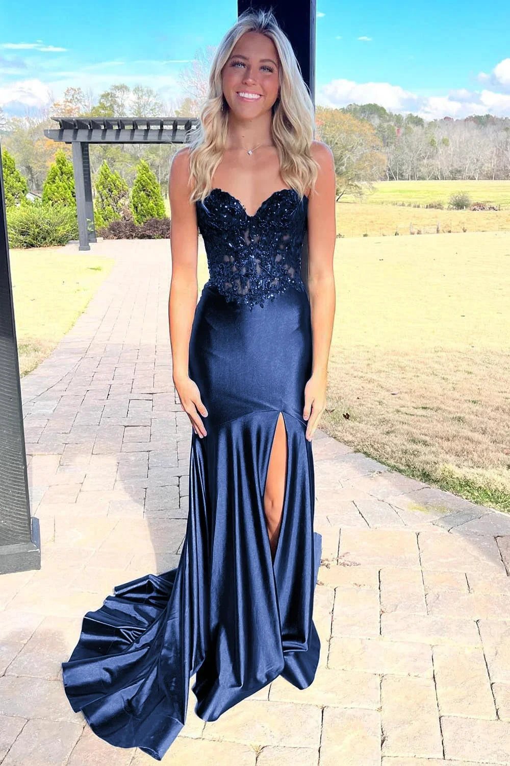 Donya | Mermaid Sweetheart Lace Satin Black Prom Dress with Slit by KissProm