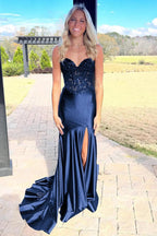 Donya | Mermaid Sweetheart Lace Satin Black Prom Dress with Slit by KissProm