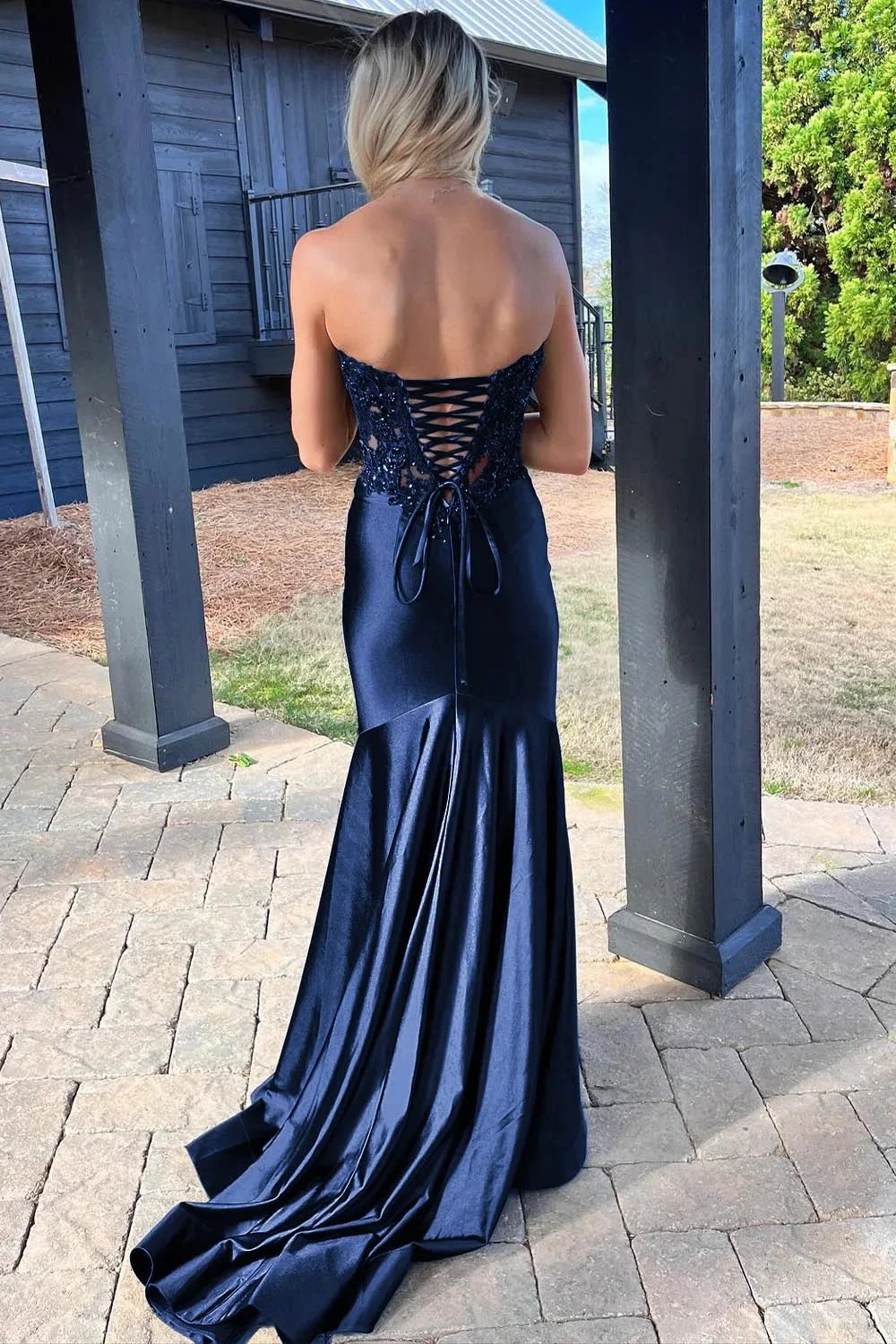 Donya | Mermaid Sweetheart Lace Satin Black Prom Dress with Slit by KissProm