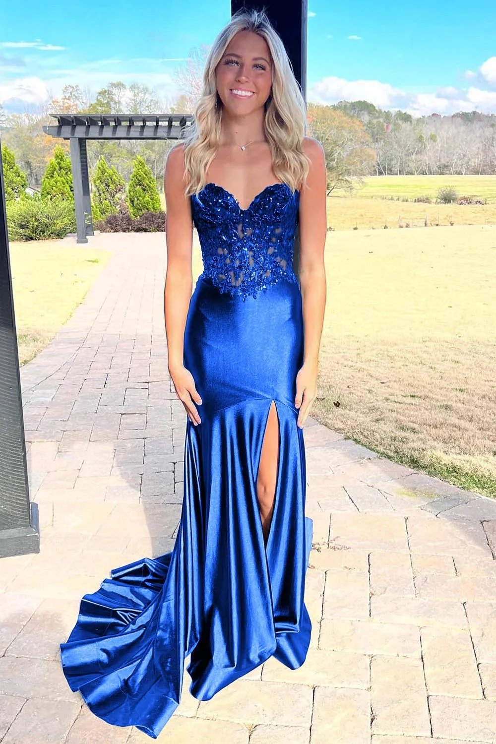 Donya | Mermaid Sweetheart Lace Satin Black Prom Dress with Slit by KissProm
