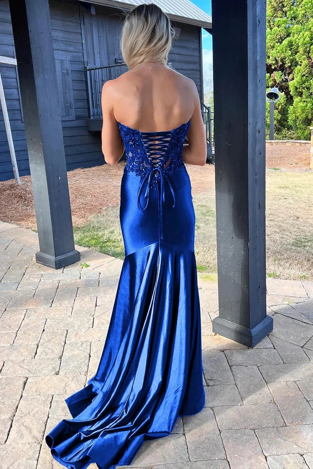 Donya | Mermaid Sweetheart Lace Satin Black Prom Dress with Slit by KissProm