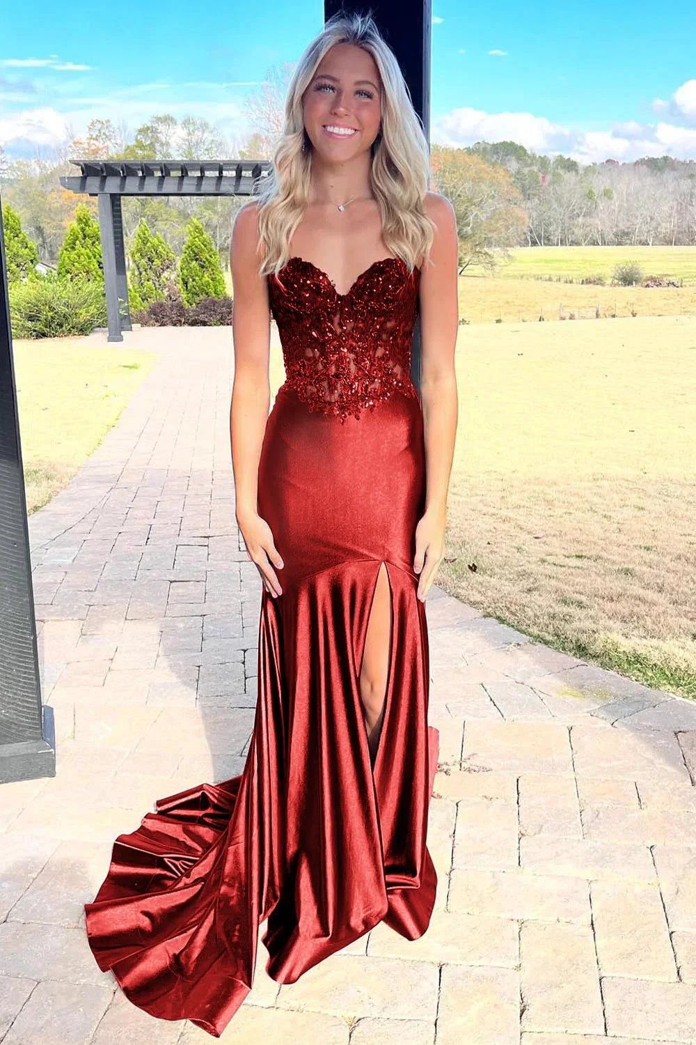Donya | Mermaid Sweetheart Lace Satin Black Prom Dress with Slit by KissProm