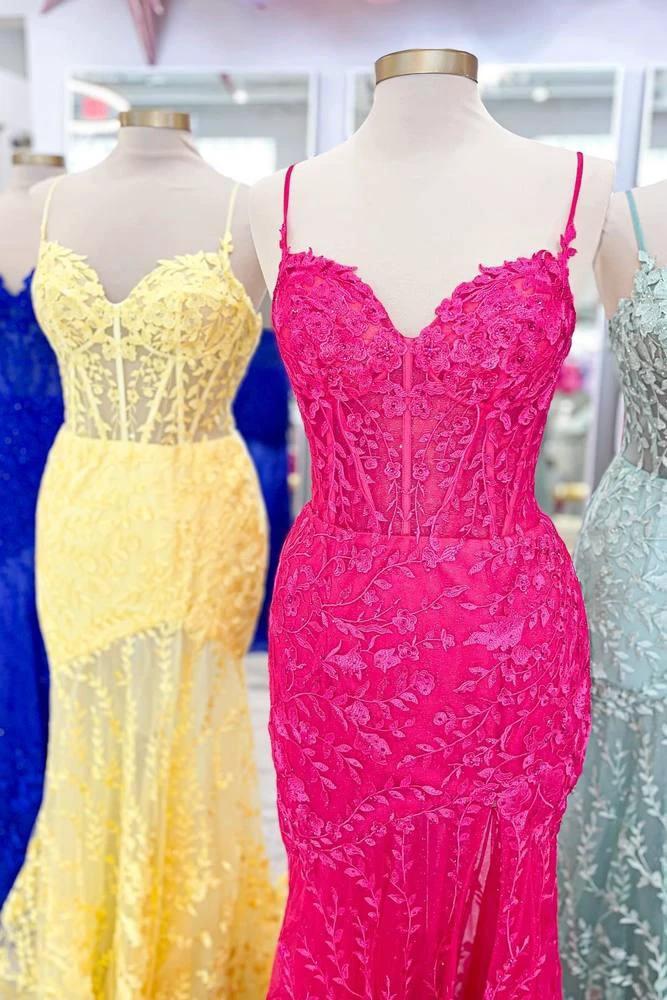 Peregrine | Hot Pink Lace Applique Long Mermaid Dress with Slit by KissProm