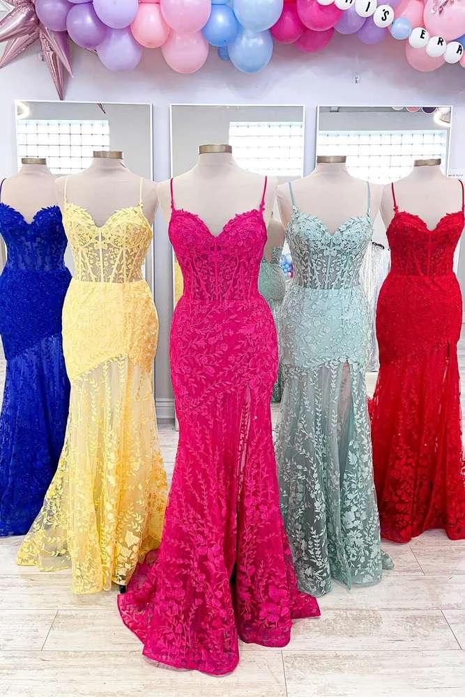 Peregrine | Hot Pink Lace Applique Long Mermaid Dress with Slit by KissProm