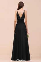 Double V-Neck Front Split Bridesmaid Dress Formal Party Dress for Wedding Black by misshow.com
