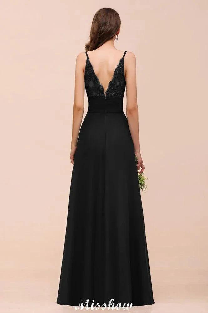 Double V-Neck Front Split Bridesmaid Dress Formal Party Dress for Wedding Black by misshow.com