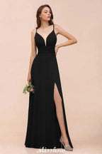 Double V-Neck Front Split Bridesmaid Dress Formal Party Dress for Wedding Black by misshow.com