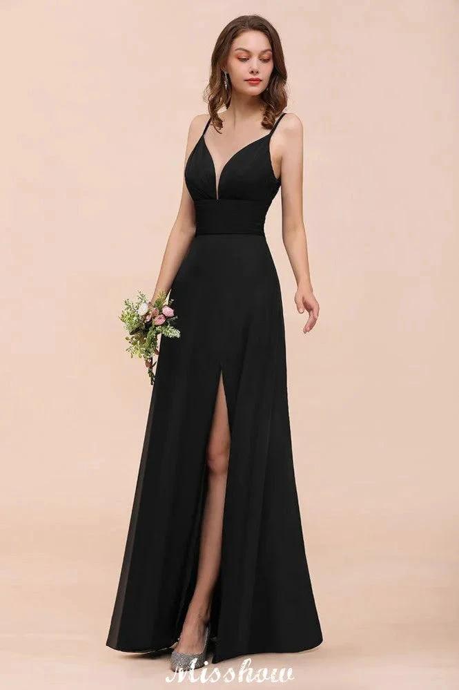 Double V-Neck Front Split Bridesmaid Dress Formal Party Dress for Wedding Black by misshow.com