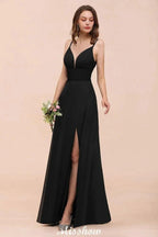 Double V-Neck Front Split Bridesmaid Dress Formal Party Dress for Wedding Black by misshow.com
